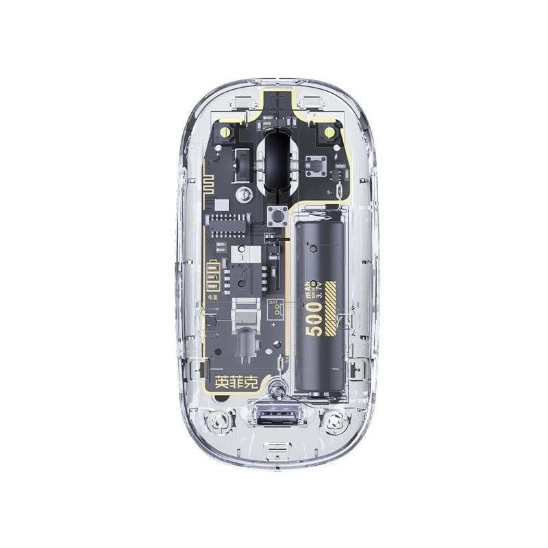 Top view of a transparent wireless mouse showing internal components, circuit board, and a 500mAh battery