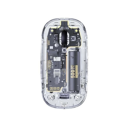 Top view of a transparent wireless mouse showing internal components, circuit board, and a 500mAh battery