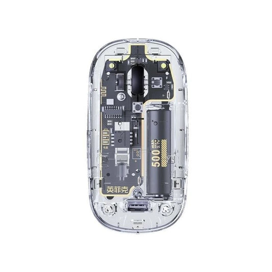 Top view of a transparent wireless mouse showing internal components, circuit board, and a 500mAh battery