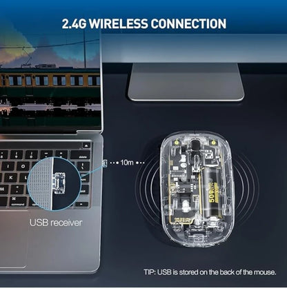 Transparent wireless mouse shown beside a laptop, illustrating 2.4G wireless connection and the USB receiver storage location