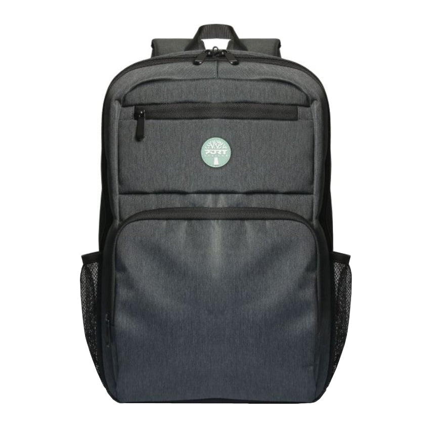 Gray backpack with a visible brand logo on a white background