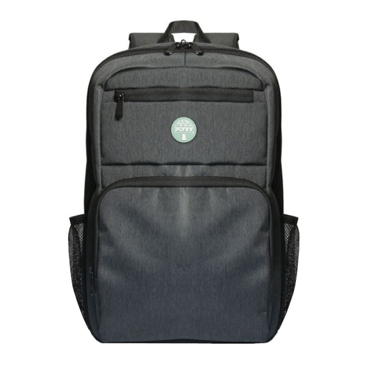 Gray backpack with a visible brand logo on a white background