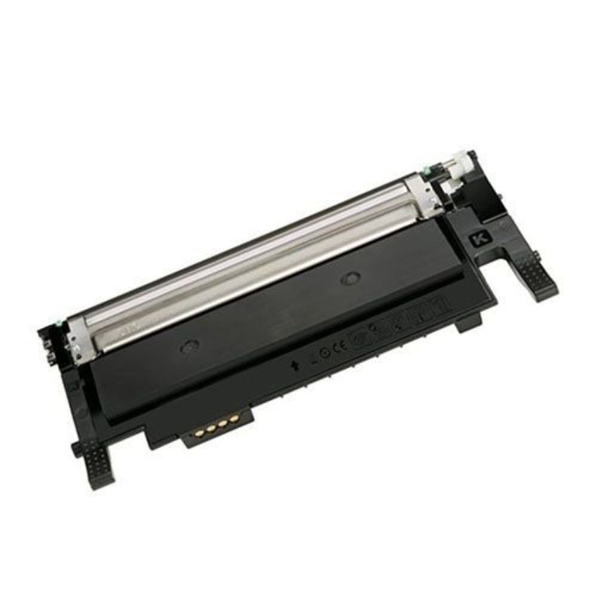 A black toner cartridge with a silver drum roller, photographed on a plain white background.