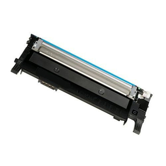 A black toner cartridge with a silver drum roller and a bright cyan blue strip, shown diagonally on a plain white background.