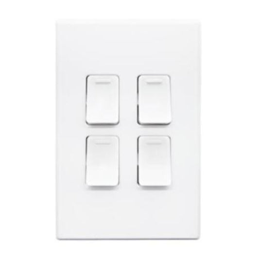 Four rectangular light switches on a white wall plate