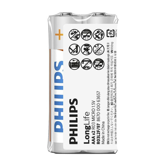 Philips LongLife AAA Batteries 2-Pack, 1.5V Zinc Chloride for remote controls, clocks, and flashlights.