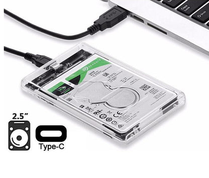 Portable 2.5" transparent SATA enclosure with USB-C, 5Gbps transfer, LED indicators, and tool-free install. Ideal for HDDs, SSDs, backups, and storage expansion.