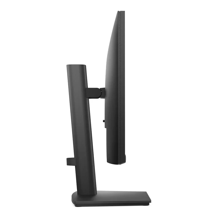 A black computer monitor shown from a side profile view, mounted on a matching black stand with a rectangular base, set against a plain white background.