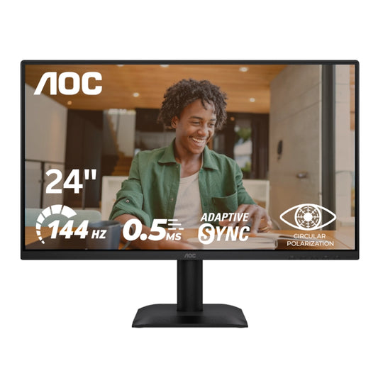 AOC monitor displaying a woman in a green jacket, with technical specifications on the screen.