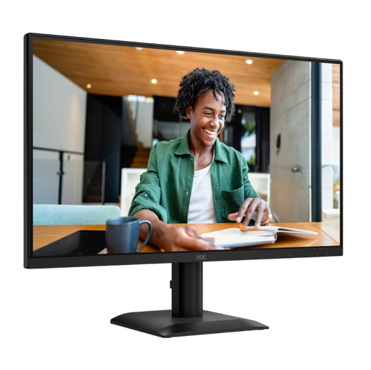 Side angled display of the AOC 24E40L IPS Monitor displaying a woman in a green jacket using a computer in a home setting