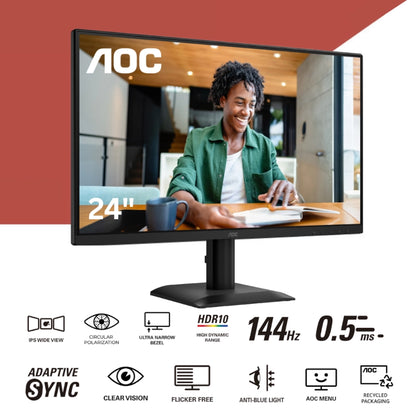 AOC monitor displaying a person using a computer with product features IPS Wide View, Circular polarization, ultra narrow bezel, high dynamic range, 144Hz refresh rate, 0.5ms response time, adaptive sync, clear vision, flicker free, anti blue light, aoc menu, recycled packaging listed below.