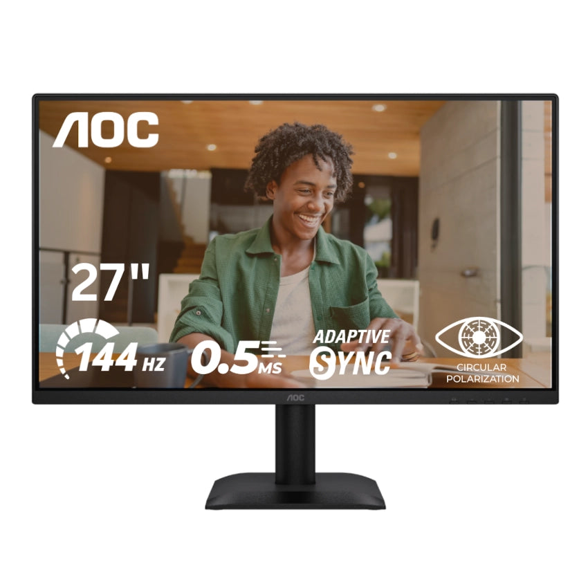 AOC monitor displaying a woman using a computer with specifications on screen