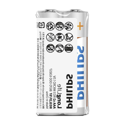 Philips LongLife AAA Batteries 2-Pack, 1.5V Zinc Chloride, model R03L2F/40, in sealed packaging.