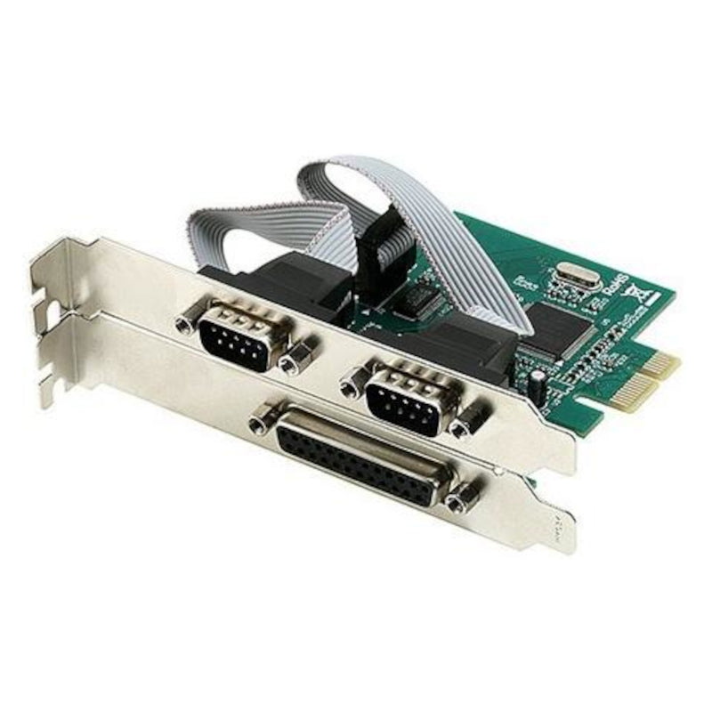 PCI express add on card showing the one 25 pin parallel port and 2 9 pin serial ports on a white background