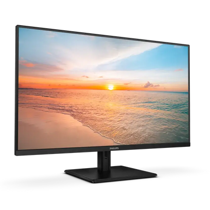 Angled left view of the Philips 32" FHD monitor displaying a beach sunset scene on a white background