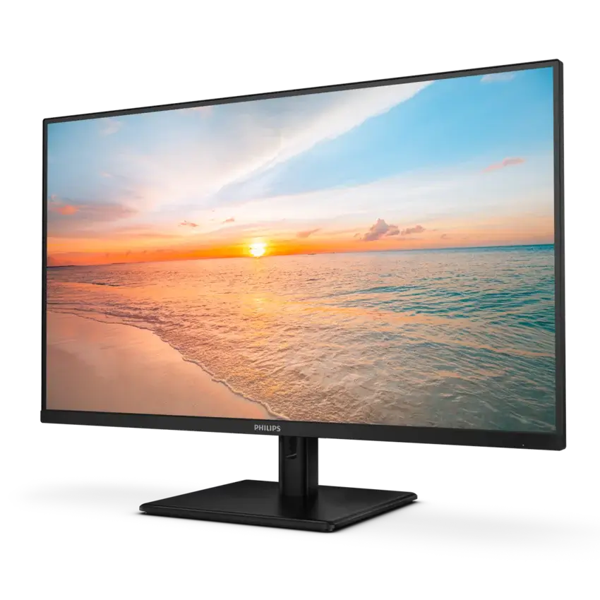 A Philips computer monitor with a black frame and stand, displaying a colorful sunset beach scene on a clean white background.