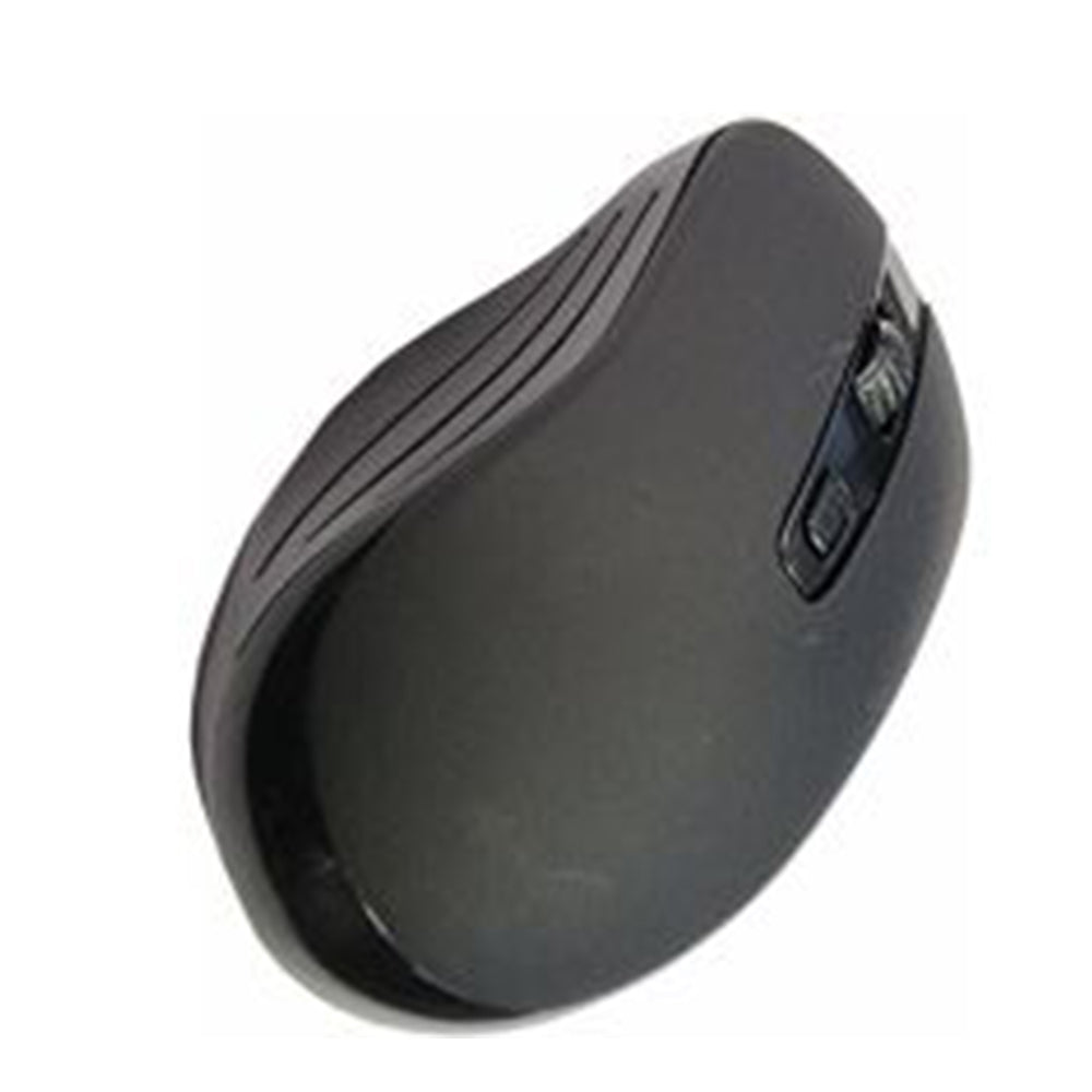 MicroWorld MEQ-037 wireless mouse in black, 2.4GHz ergonomic optical, AA battery powered.
