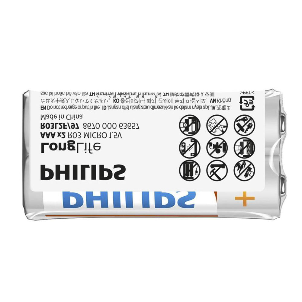 Philips LongLife AAA batteries 2-pack, 1.5V zinc chloride (R03L2F/40) for remotes, clocks, flashlights.
