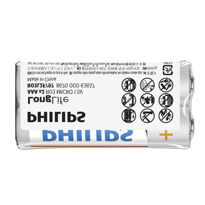 Philips LongLife AAA batteries 2-pack, 1.5V zinc chloride (R03L2F/40) for remotes, clocks, flashlights.