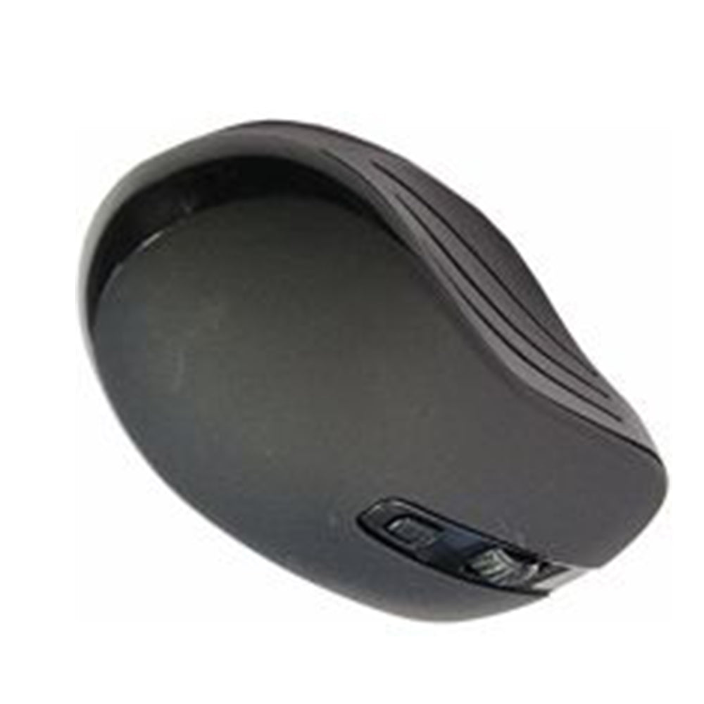 MicroWorld MEQ-037 black wireless ergonomic optical mouse, 2.4GHz, AA-powered.