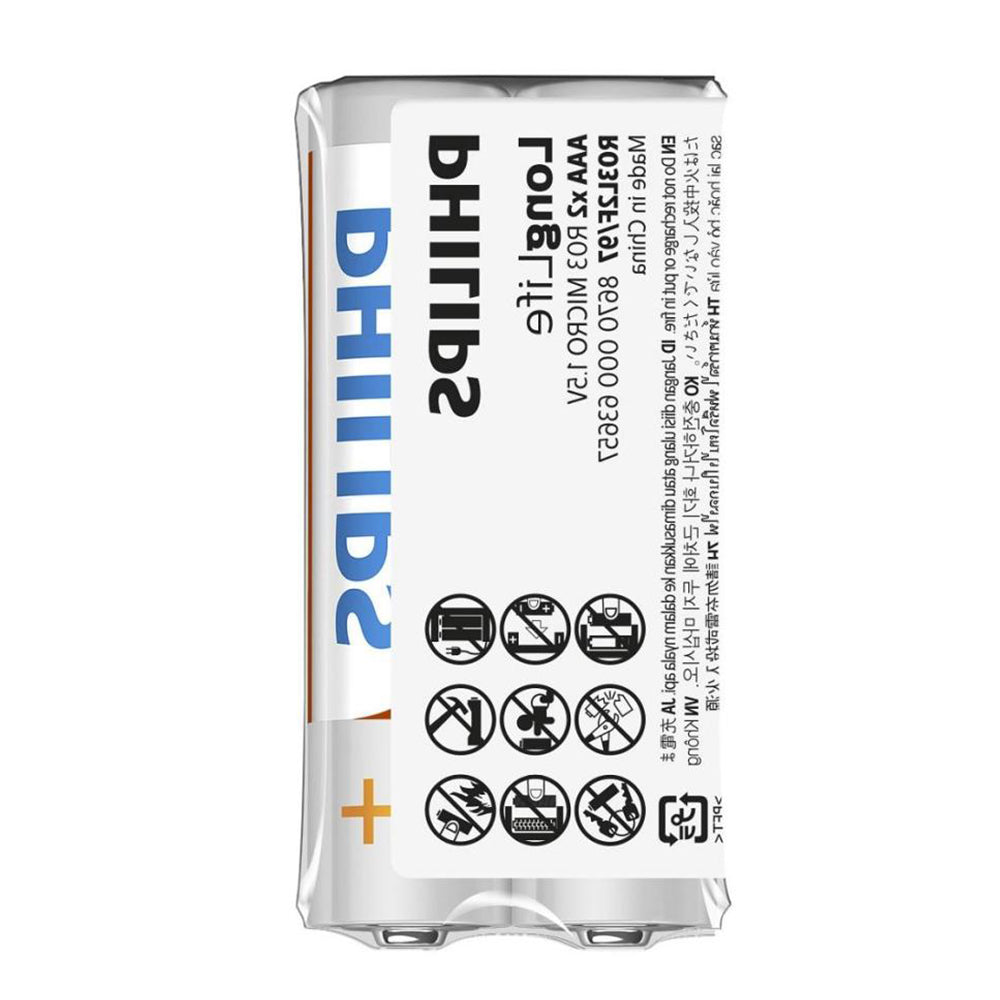Philips LongLife AAA batteries 2-pack, 1.5V zinc-chloride, model R03L2F/40, for remotes, clocks, and flashlights