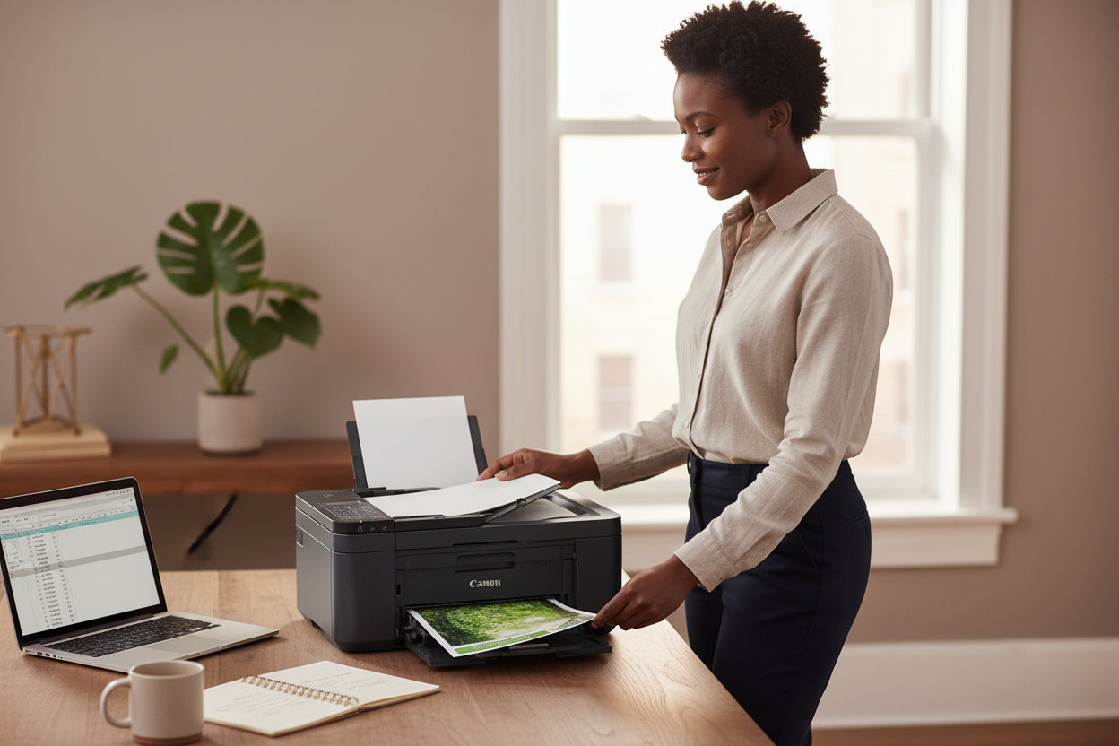 Context image of the printer in a home office or remote work setup.

