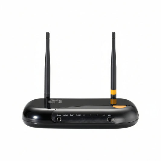 Front view of the black LevelOne WGR-6013 wireless router.

