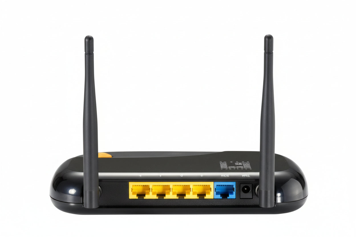 Rear view showing the four Gigabit LAN ports and WAN port.

