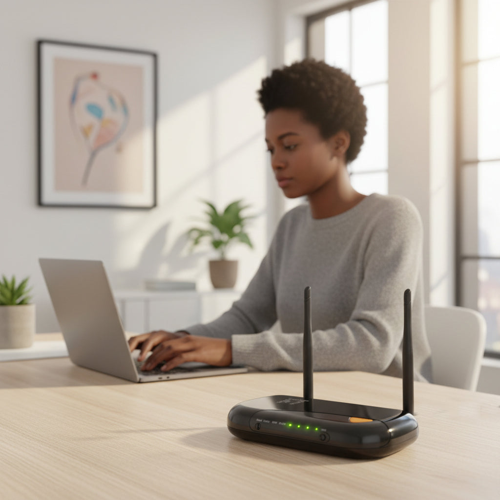 A smartphone and laptop connected wirelessly to the router.


