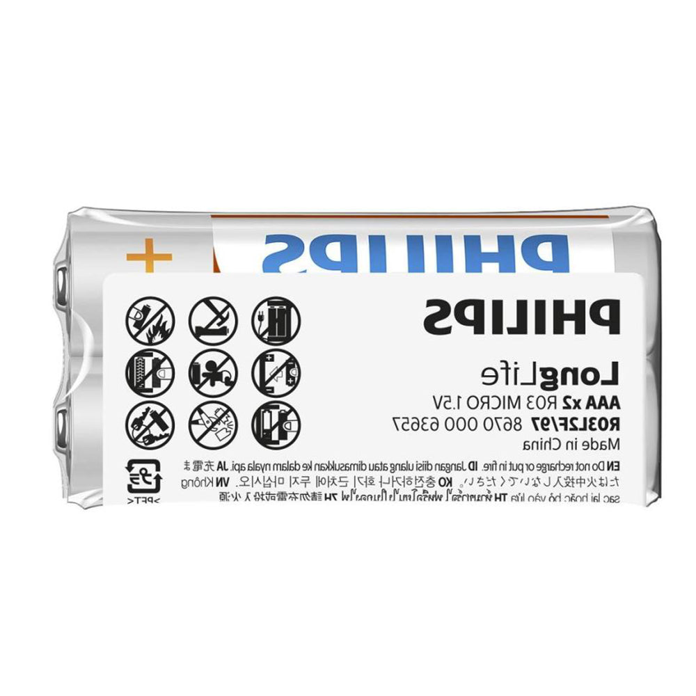 Two Philips LongLife AAA batteries 1.5V zinc chloride, model R03L2F/40, in a 2-pack.