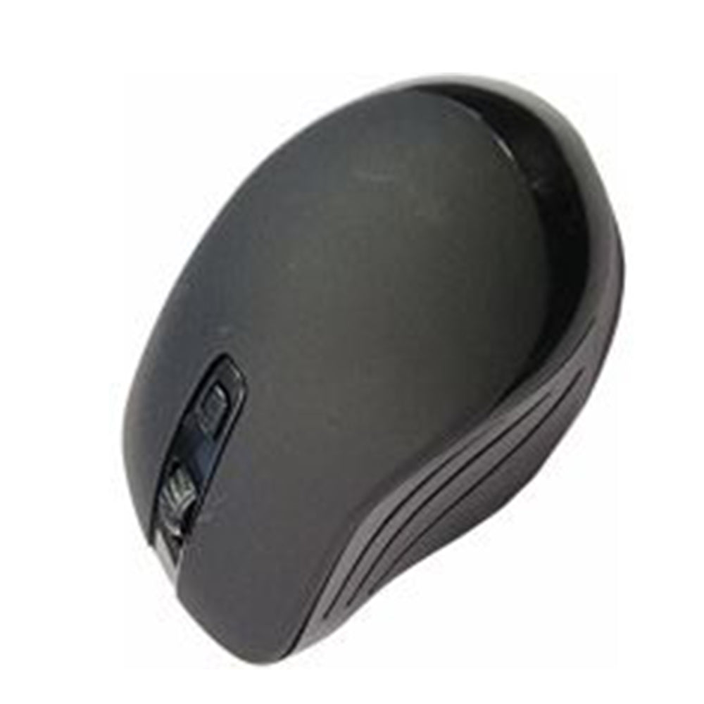 MicroWorld MEQ-037 wireless ergonomic black mouse with 2.4GHz optical sensor, AA battery powered.