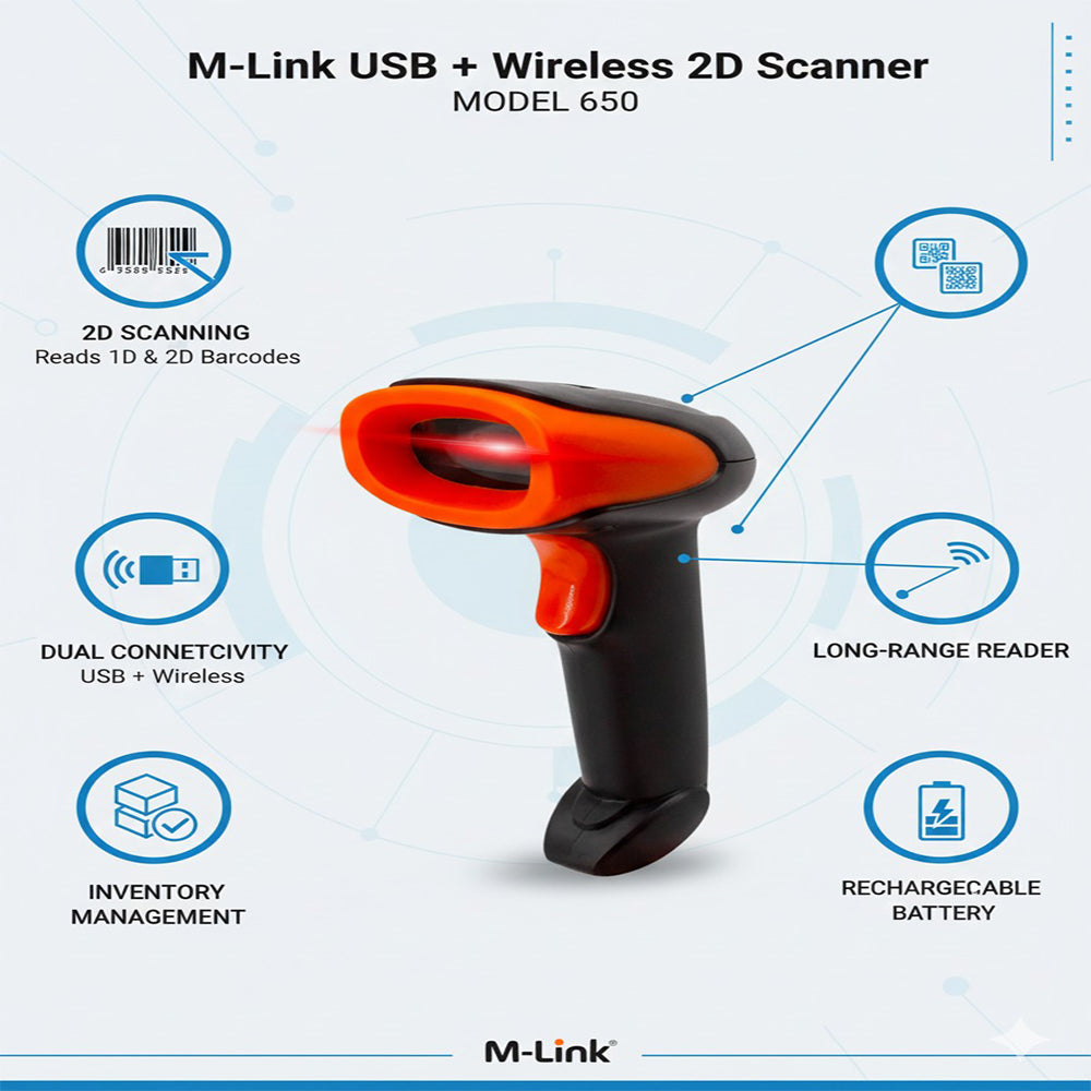 M-Link USB + Wireless 2D Scanner Model 650, Long-Range Barcode Reader, Inventory
