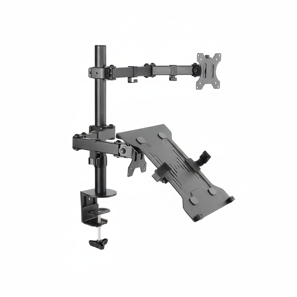 The Equip dual arm mount holding two 27-inch monitors.