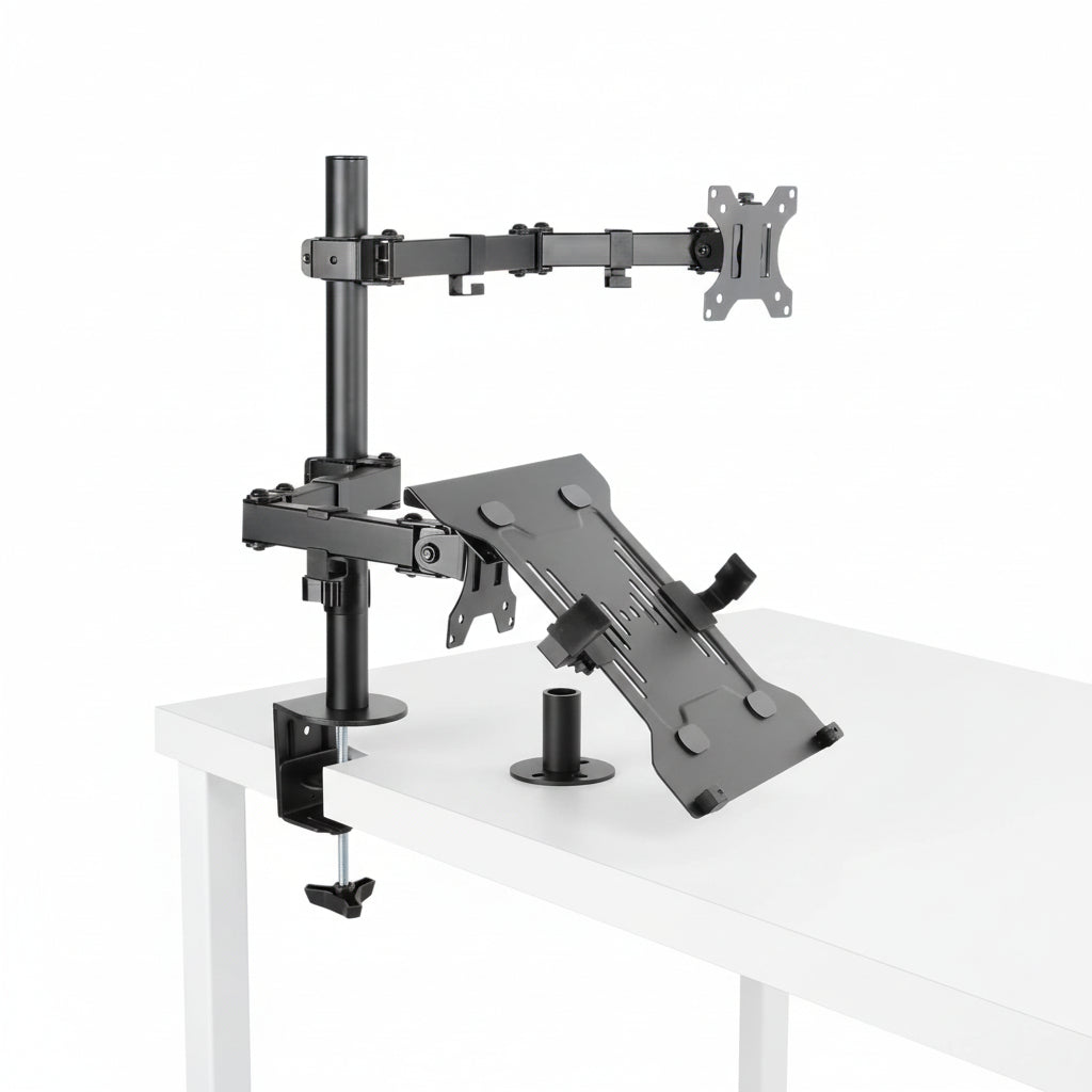 Close-up of the heavy-duty desk clamp and grommet hole mounting plate.