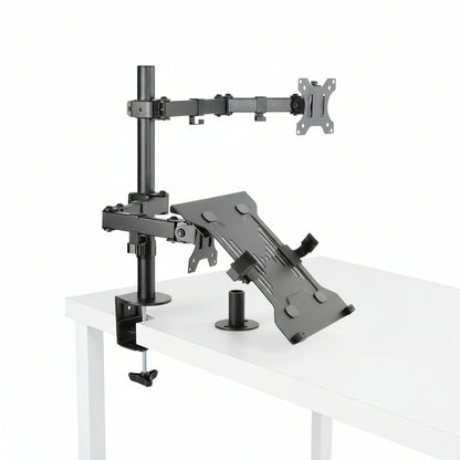 Close-up of the heavy-duty desk clamp and grommet hole mounting plate.