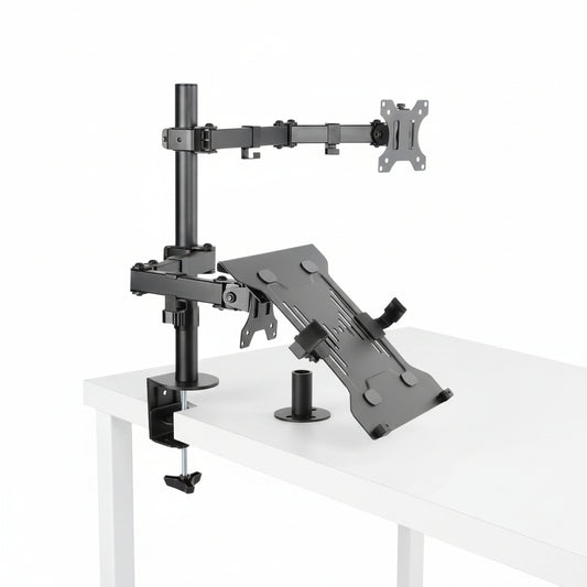 Close-up of the heavy-duty desk clamp and grommet hole mounting plate.