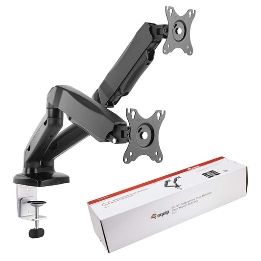 The Equip 650121 dual gas-spring mount holding two 27-inch curved monitors.