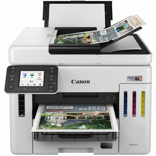 Front view of the Canon MAXIFY GX7140 A4 colour 4-in-1 MegaTank printer.

