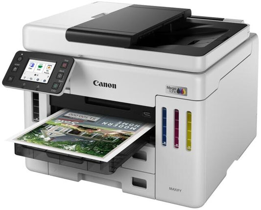 Side profile showing the refillable ink tank compartments and paper cassettes.


