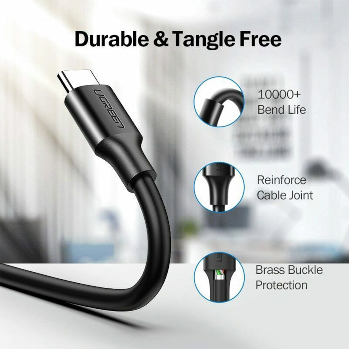 UGreen Type-C to USB 3.0 Cable 2m – Fast Charging 3A, 5Gbps Sync – Black