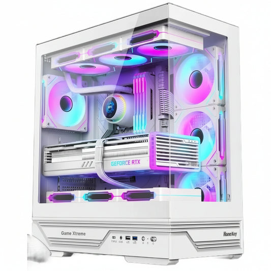 Front view of the white HuntKey GX760A Fortune ATX gaming case with dual tempered glass.

