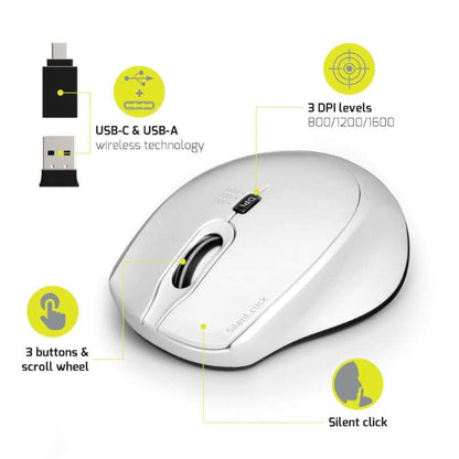 Port Wireless Silent 3600DPI 3 Button USB and Type-C Dongle Mouse - White