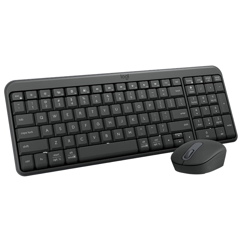 Angled view of the Logitech MK250 bluetooth keyboard and mouse in a white background