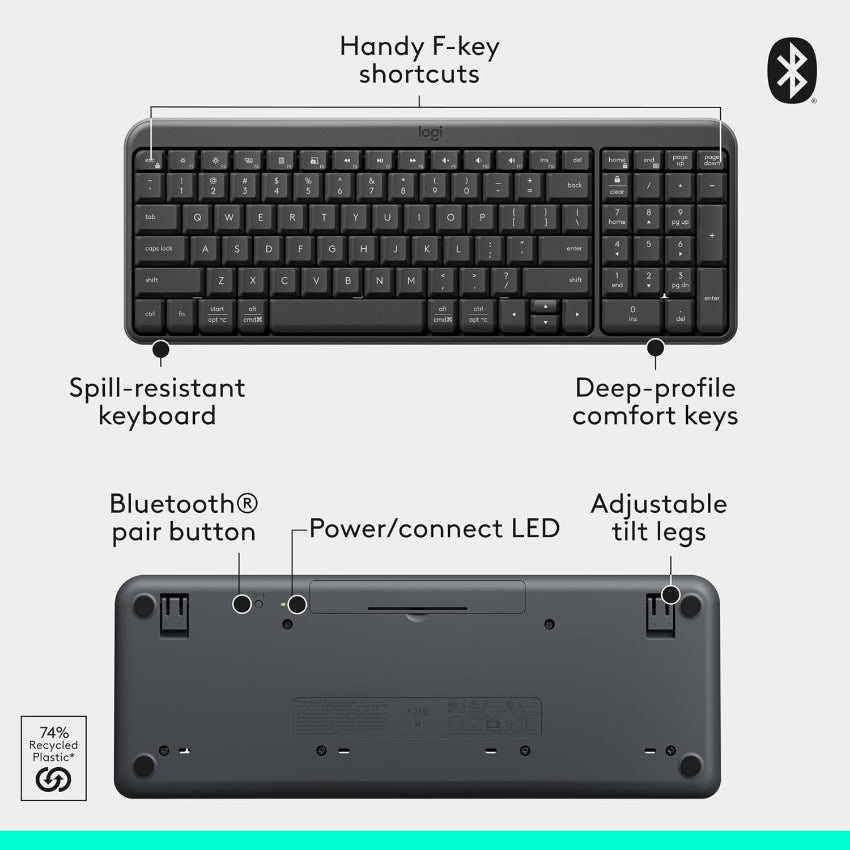 Keyboard that is part of the Logitech MK250 Wireless Combo with specification details such as bluetooth pair button, adjustable tilt legs, spill resistant, f-key shortcuts