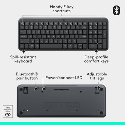 Keyboard that is part of the Logitech MK250 Wireless Combo with specification details such as bluetooth pair button, adjustable tilt legs, spill resistant, f-key shortcuts