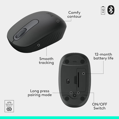 Mouse from the Logitech MK250 combo with features such as comfy contour, 12 month battery life labeled on a white background