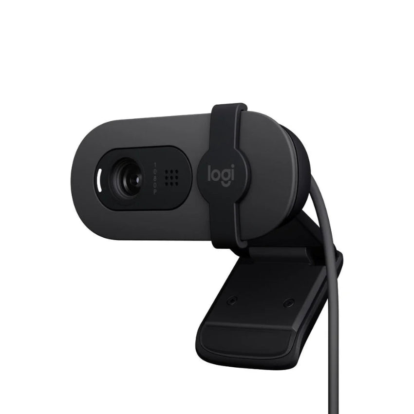 Logitech Brio 100 USB Graphite webcam with a clip on a white background
