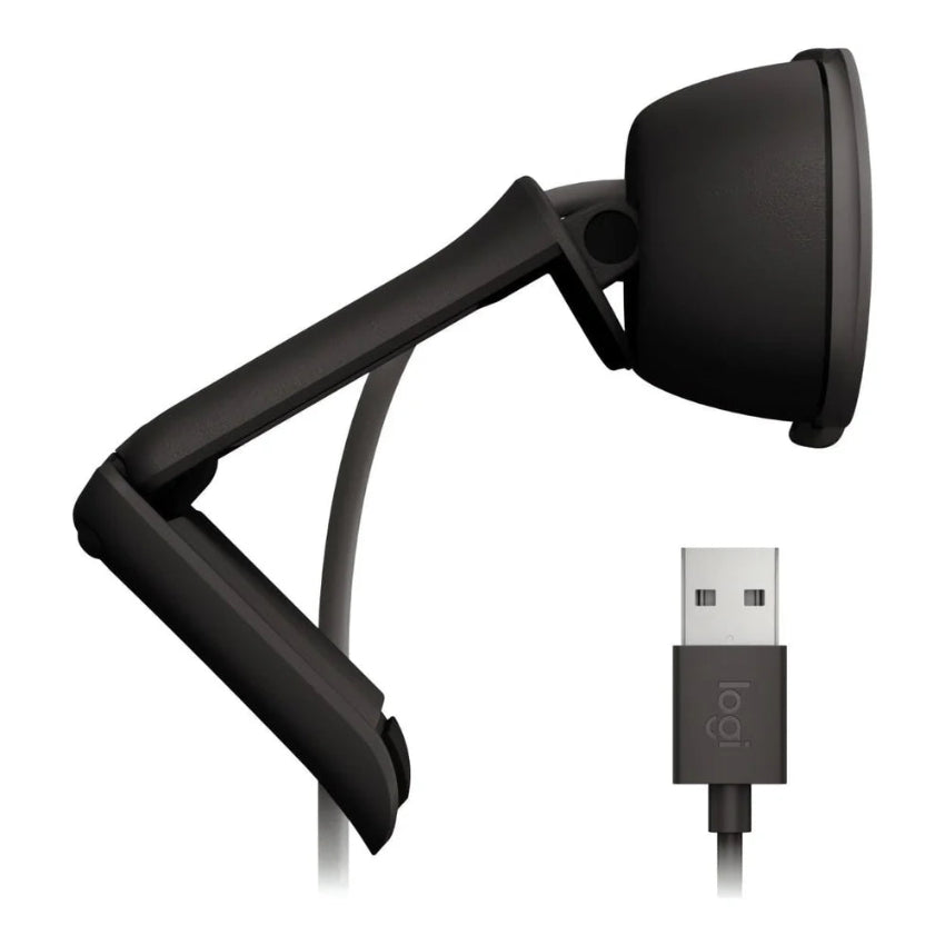 Side view of the Logitech Brio 100 webcam in Black USB camera with flexible arm on a white background
