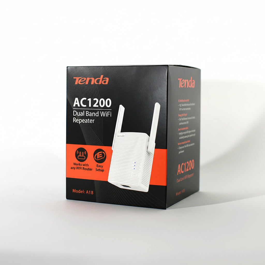 Front view of the white Tenda A18 Pro AC1200 dual-band Wi-Fi range extender.

