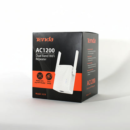 Front view of the white Tenda A18 Pro AC1200 dual-band Wi-Fi range extender.

